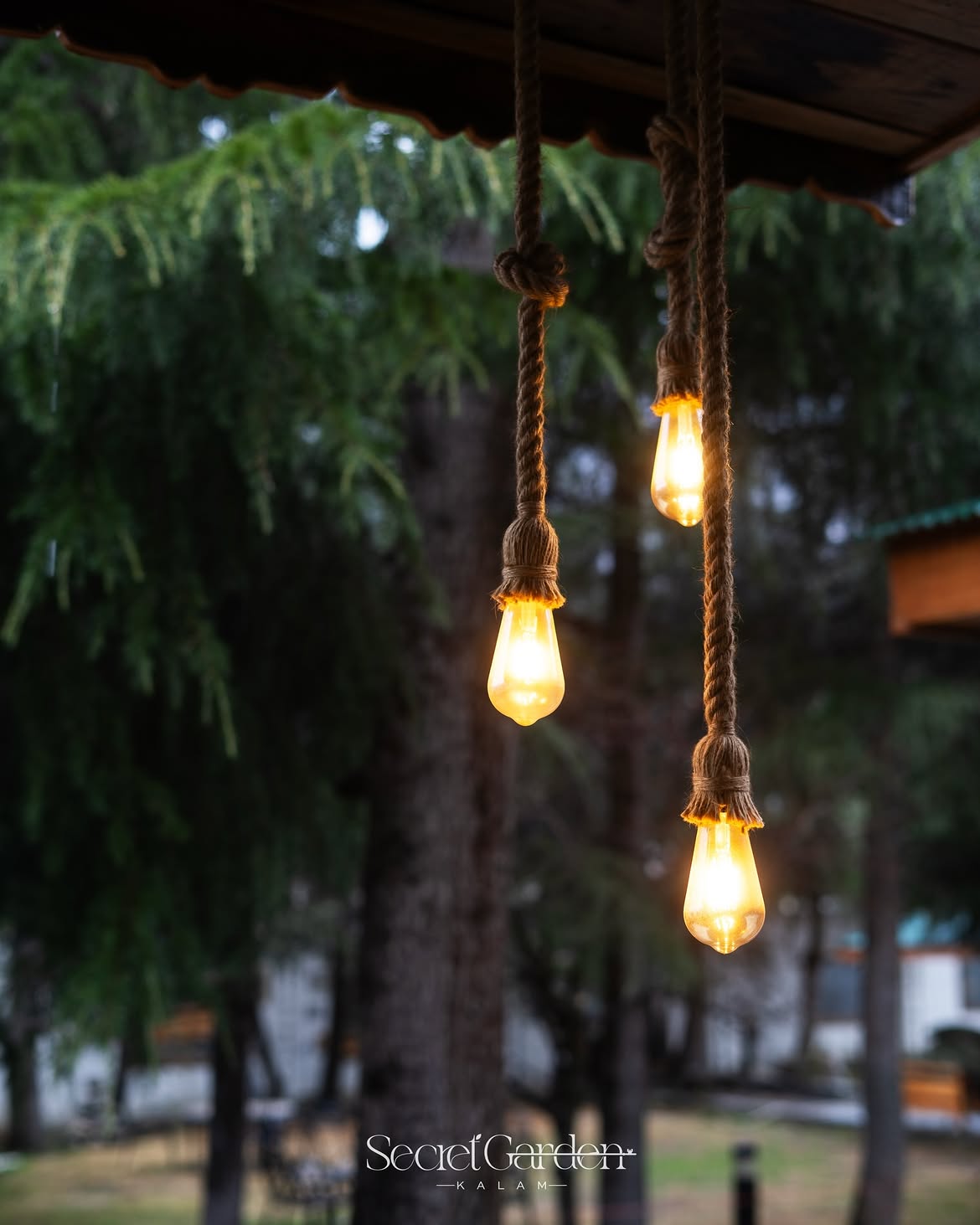 Close up of warm glowing rope bulbs at Secret Garden Kalam